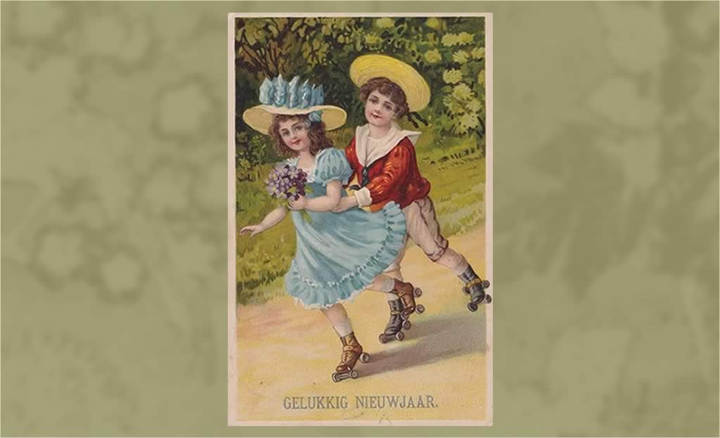 Ancienne carte postale de deux enfants en patins à roulettes