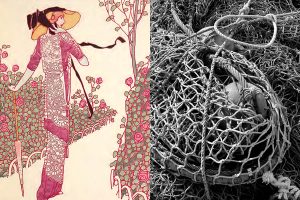 Une femme dans un vêtement crocheté et un amas de filets de pêche