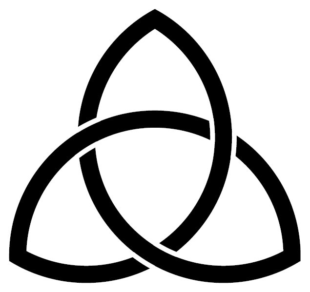 La triquetra, ou nœud de trèfle symbolise tout ensemble de trois, comme la Trinité ou la triplicité Terre, Mer et Ciel. Le symbole est commun dans l’art hiberno-saxon. Le Valknut en est une variation associée au dieu scandinave Odin. Il évoque la vaillance et la mort libératrice.